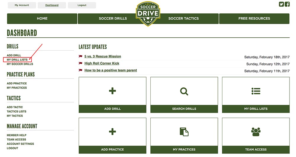 Use the My Drills Lists link to access your drill lists